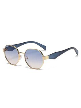 Unisex Vintage Style Octagon Gold Frame Sunglasses W/ Blue-Yellow Gradient Lens